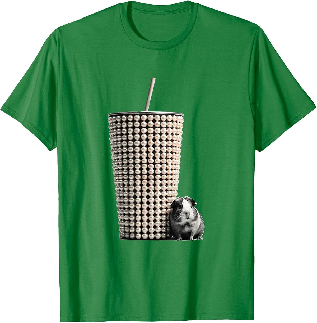Men's Rounded Pearl Boba Cup Kawaii Guinea Pig Mascot Cute T-Shirt - Kelly Green
