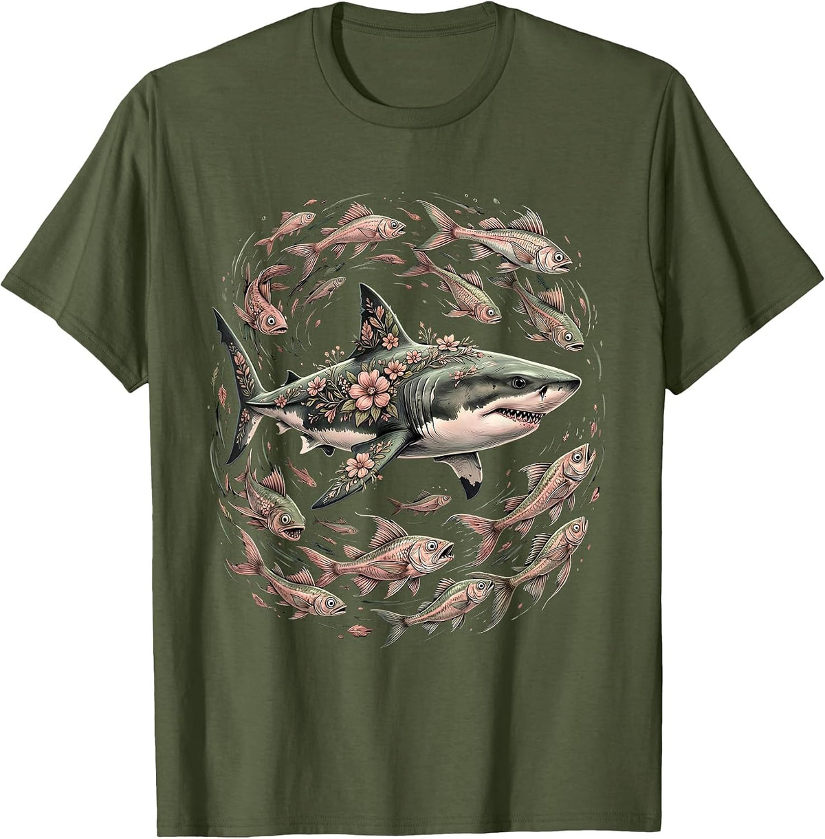 Calm Shark Panicked Fish Funny Ocean Design T-Shirt - Olive Green