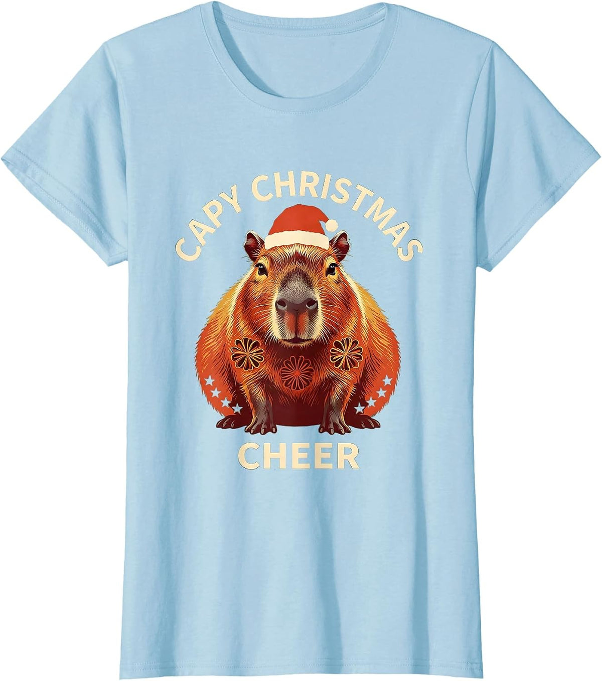 Women's Capy Christmas Cheer Folk Art Cute Capybara Santa Hat T-Shirt - Baby Blue