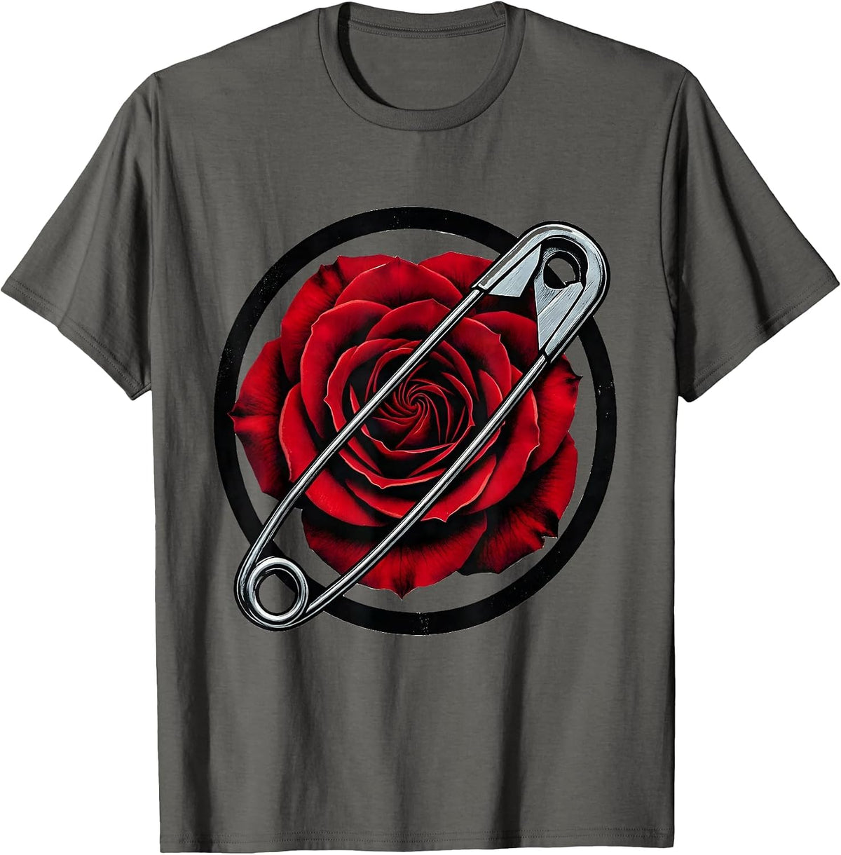Men's Punk Rock Safety Pin Rose Graphic Tee T-Shirt - Asphalt Grey