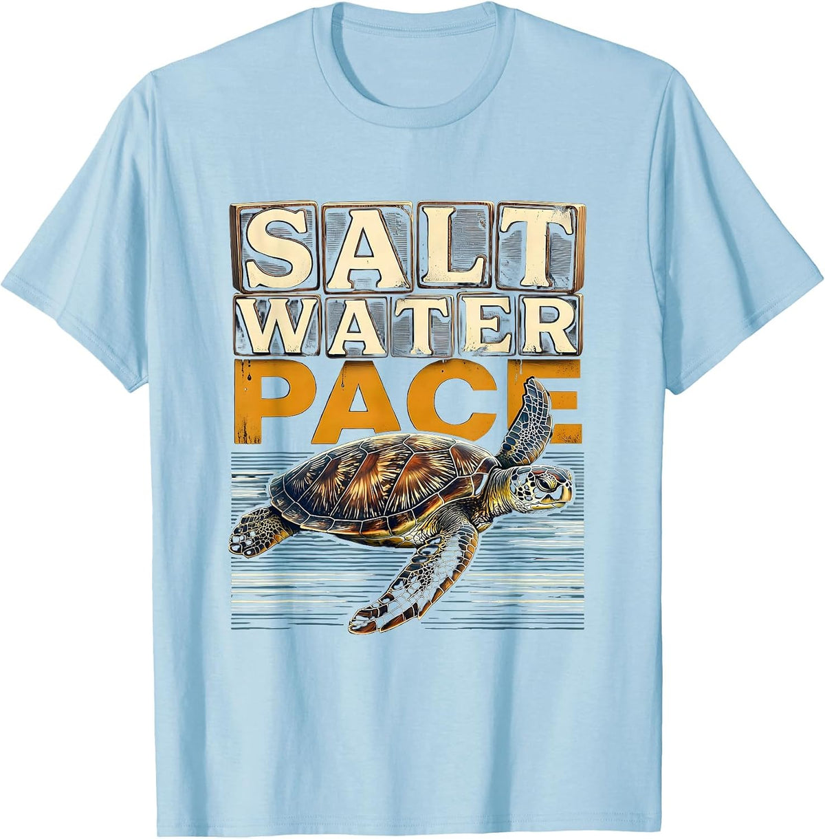 Men's Salt Water Pace Wood Type Letterpress Sea Turtle Souvenir T-Shirt - Baby Blue