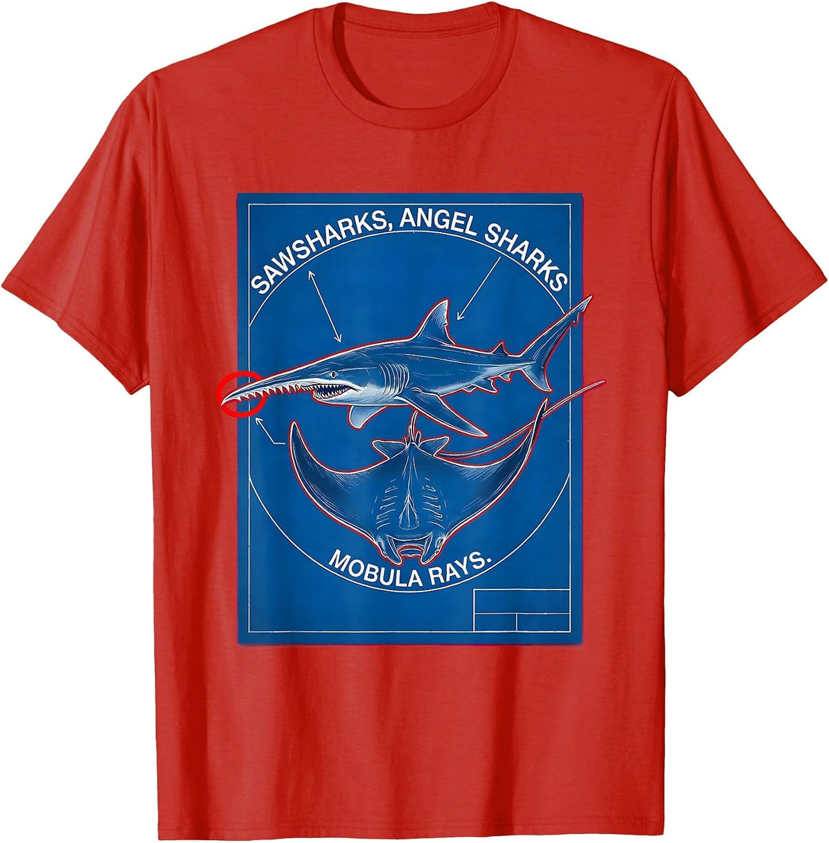 Men's Sawsharks, Angel Sharks, Mobula Rays Technical Blueprint T-Shirt - Red