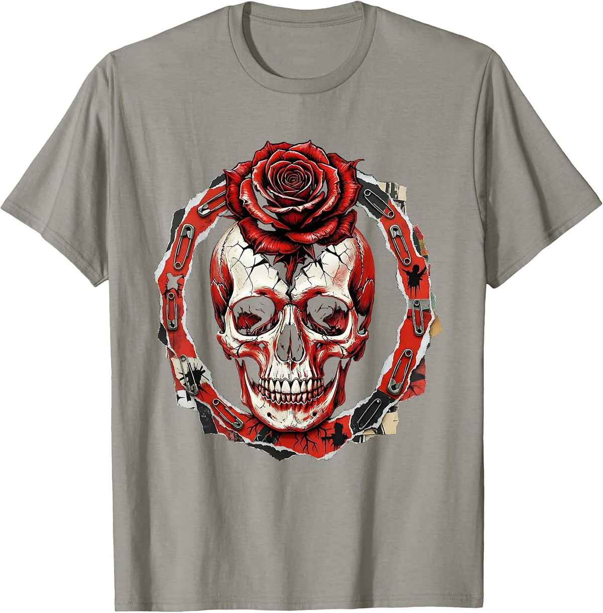 Men's Blooming Skull Punk Floral Graphic Design T-Shirt - Slate Grey