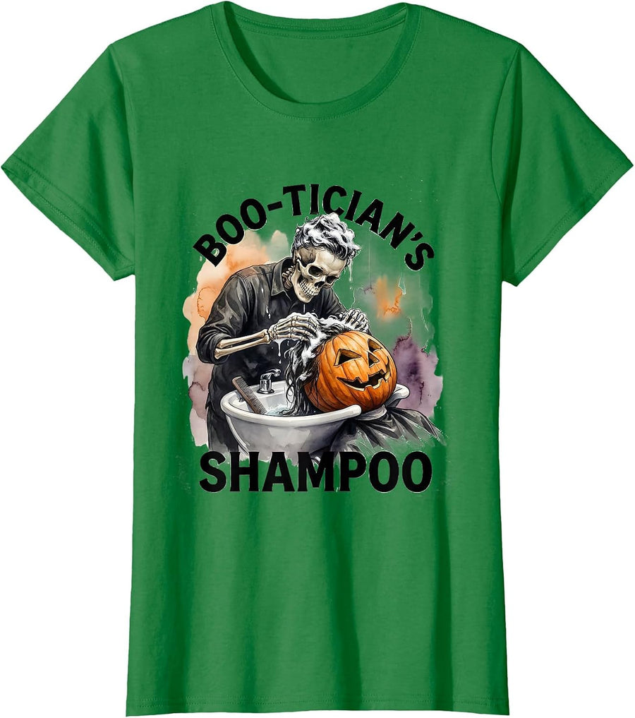 Women's Boo-tician's Shampoo Watercolor Skeleton Hairdresser T-Shirt - Kelly Green