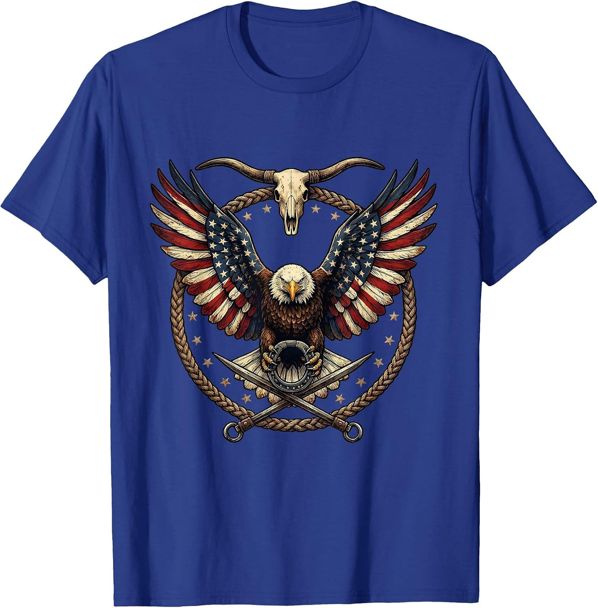 Eagle Soaring American Flag Draped Wings T-Shirt - Royal Blue