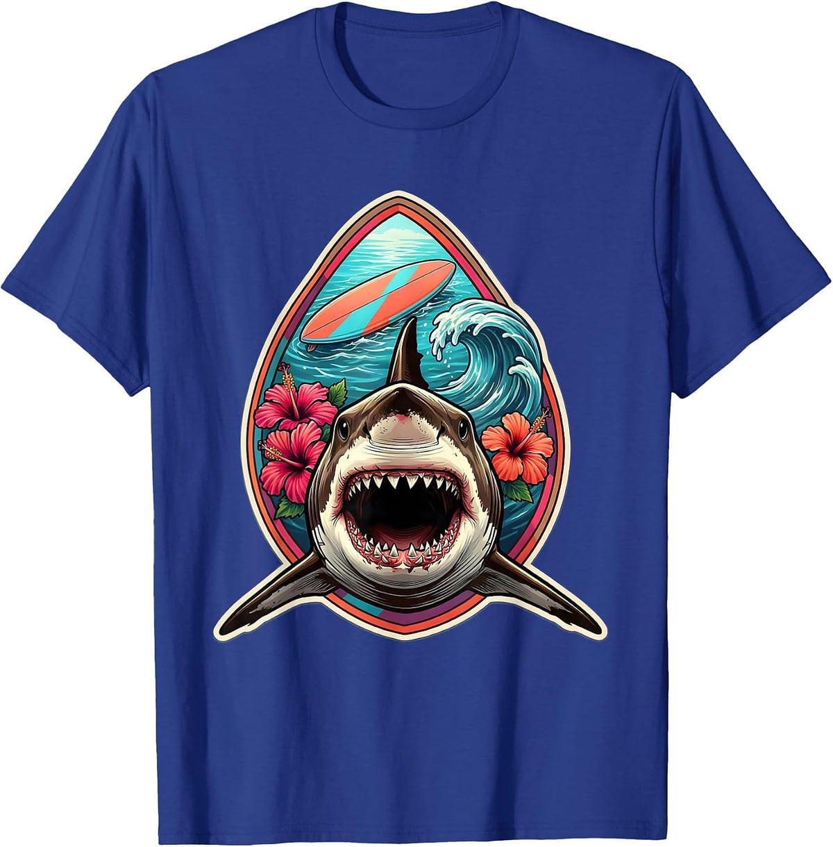 Great White Shark Under Surfboard Hawaii Design T-Shirt - Royal Blue