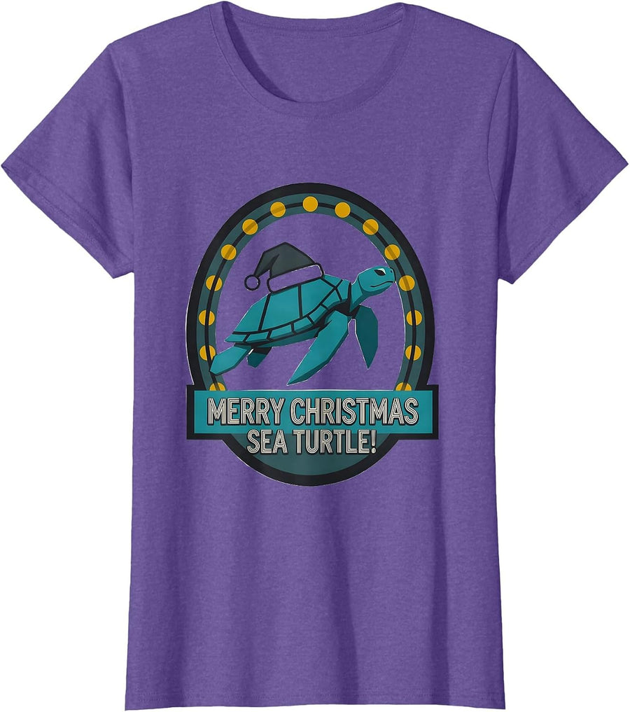 Merry Christmas Sea Turtle Midcentury Modern Ugly Christmas T-Shirt - Purple Heather