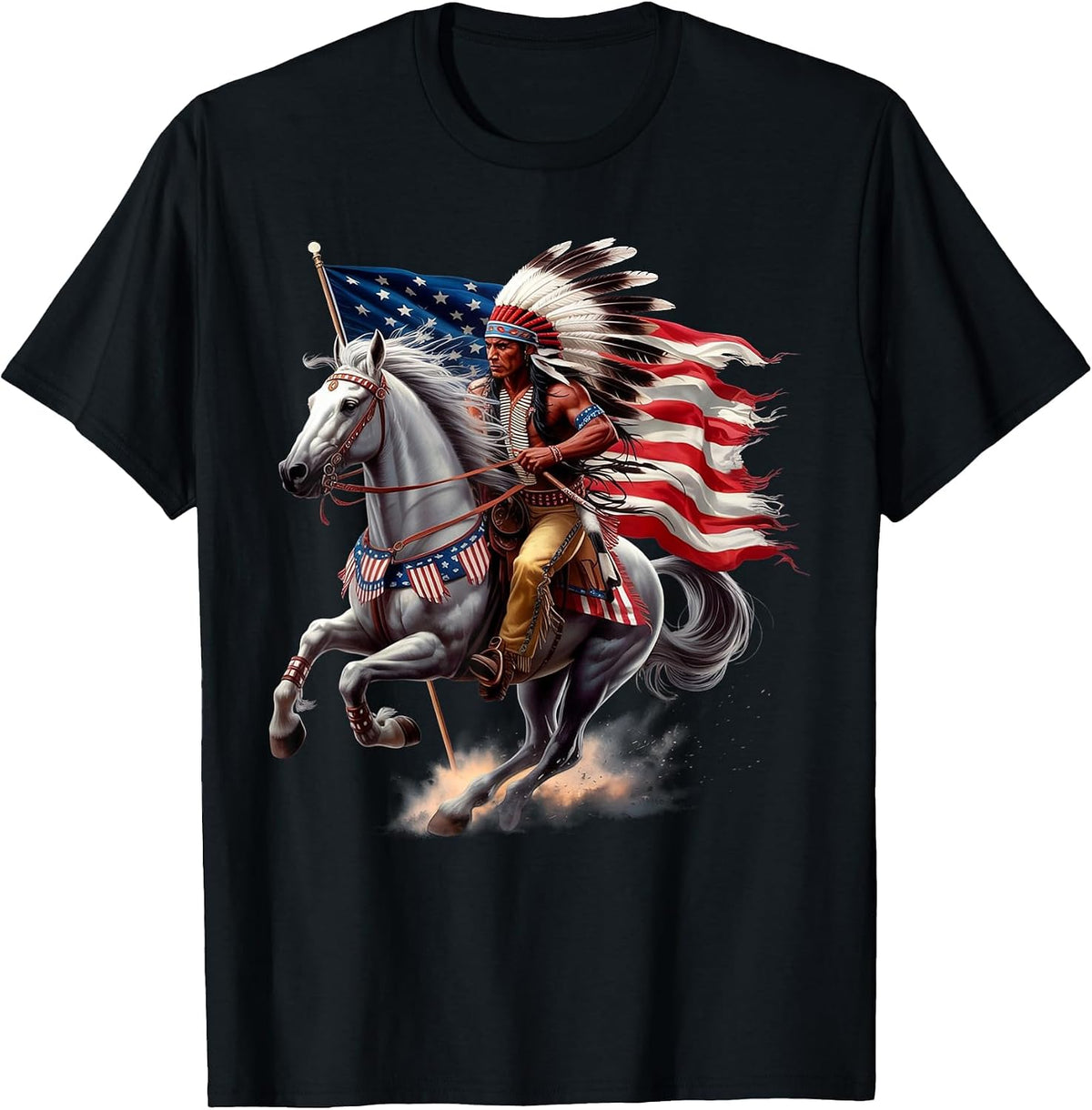 Native American Day US Flag Indian Riding Horse 4th of July T-Shirt - Black