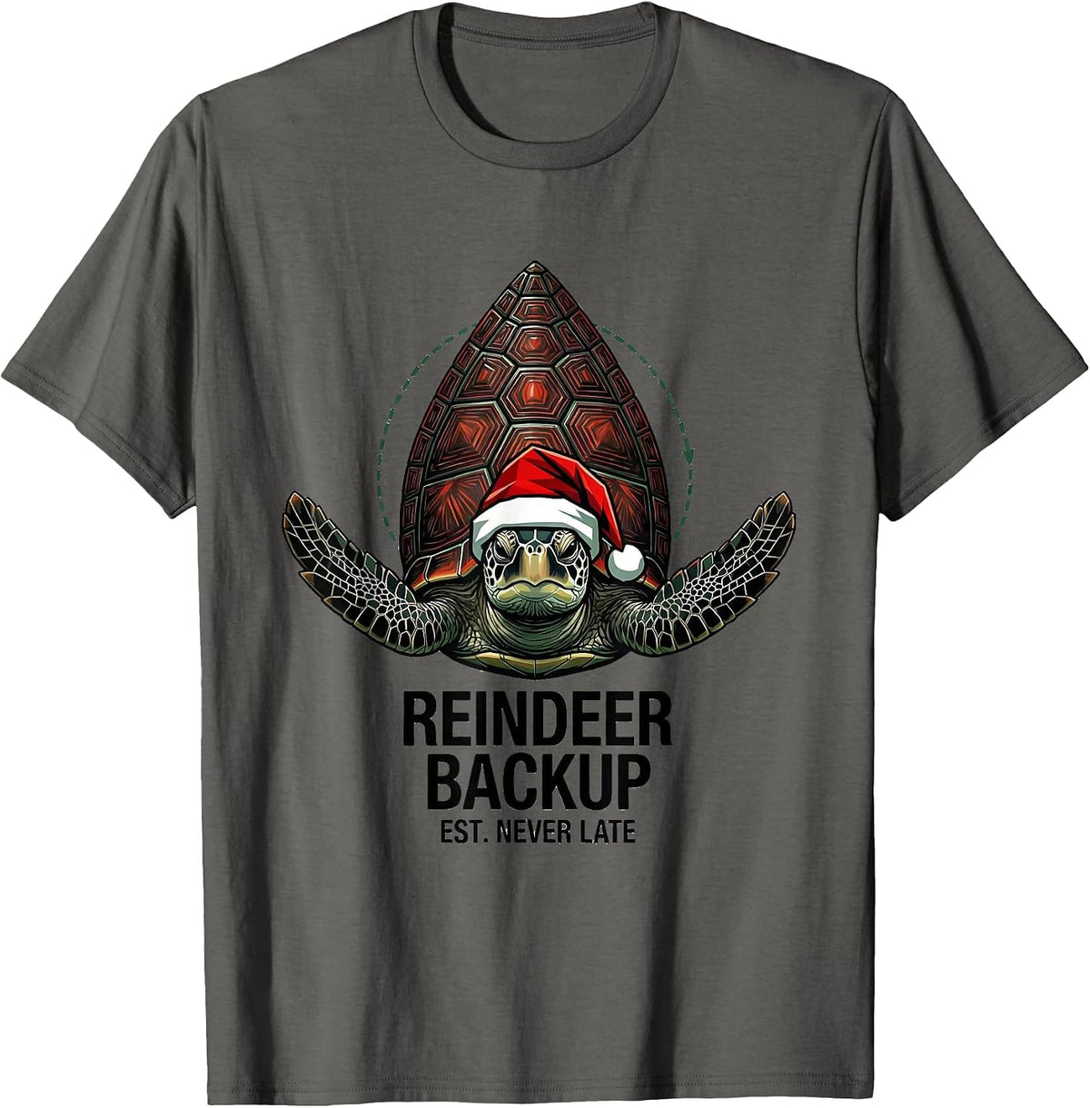 Men's Reindeer Backup Est Never Late Geometric Sea Turtle Santa T-Shirt - Asphalt Grey