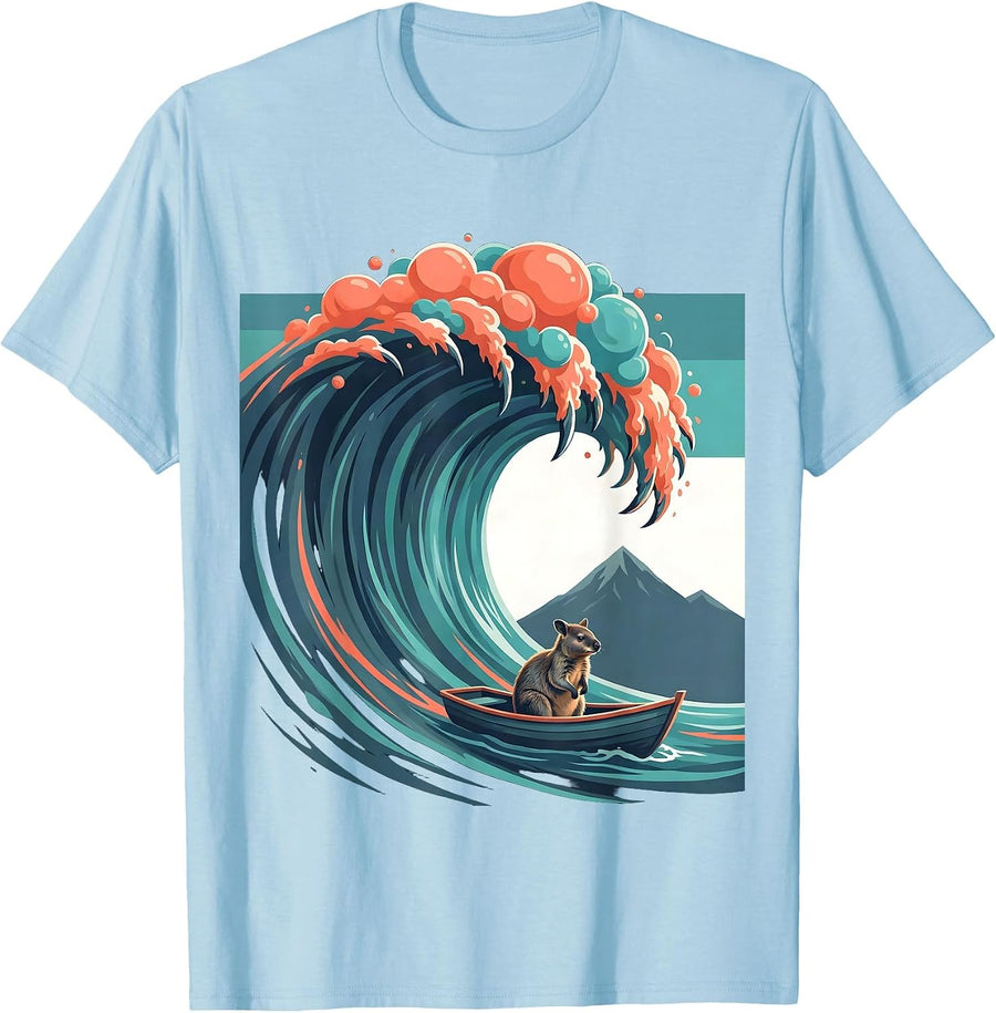 Men's Great Wave Quokka Flat Vector Japanese Art Meme Humor T-Shirt - Baby Blue