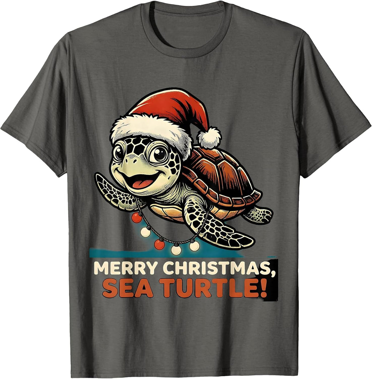 Men's Merry Christmas Sea Turtle Retro Cartoon Santa Hat Holiday T-Shirt - Asphalt Grey