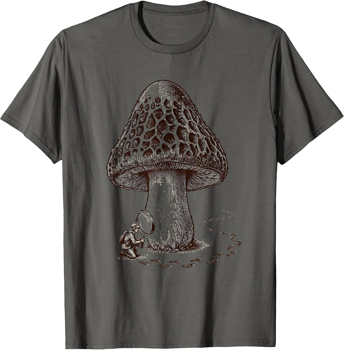 Men's Morel Forager Crosshatch Etching Funny Mushroom Hunting T-Shirt - Asphalt Grey