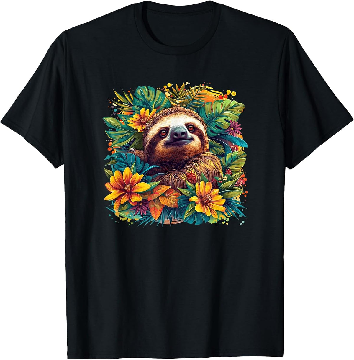Mens Womens Kids Funny Design Tropical Flowers Sloth Lover T-Shirt - Black