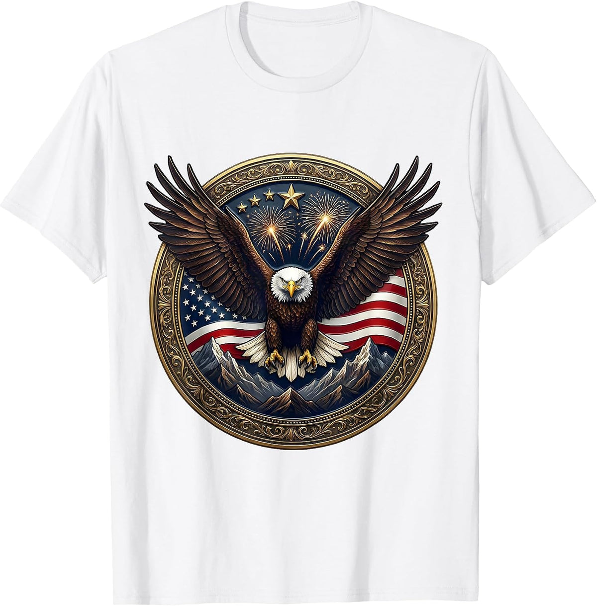 Men's Red White and Blue Bald Eagle Mountain Peak T-Shirt - White