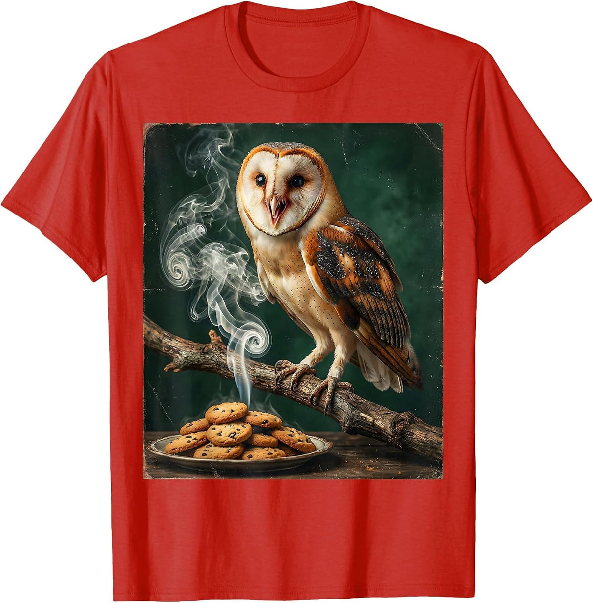 Men's Owl Sniffing Cookie Smoke Funny Halloween Graphic T-Shirt - Red