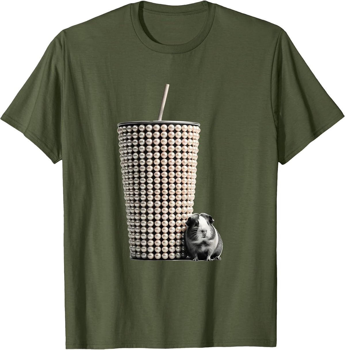Men's Rounded Pearl Boba Cup Kawaii Guinea Pig Mascot Cute T-Shirt - Olive Green