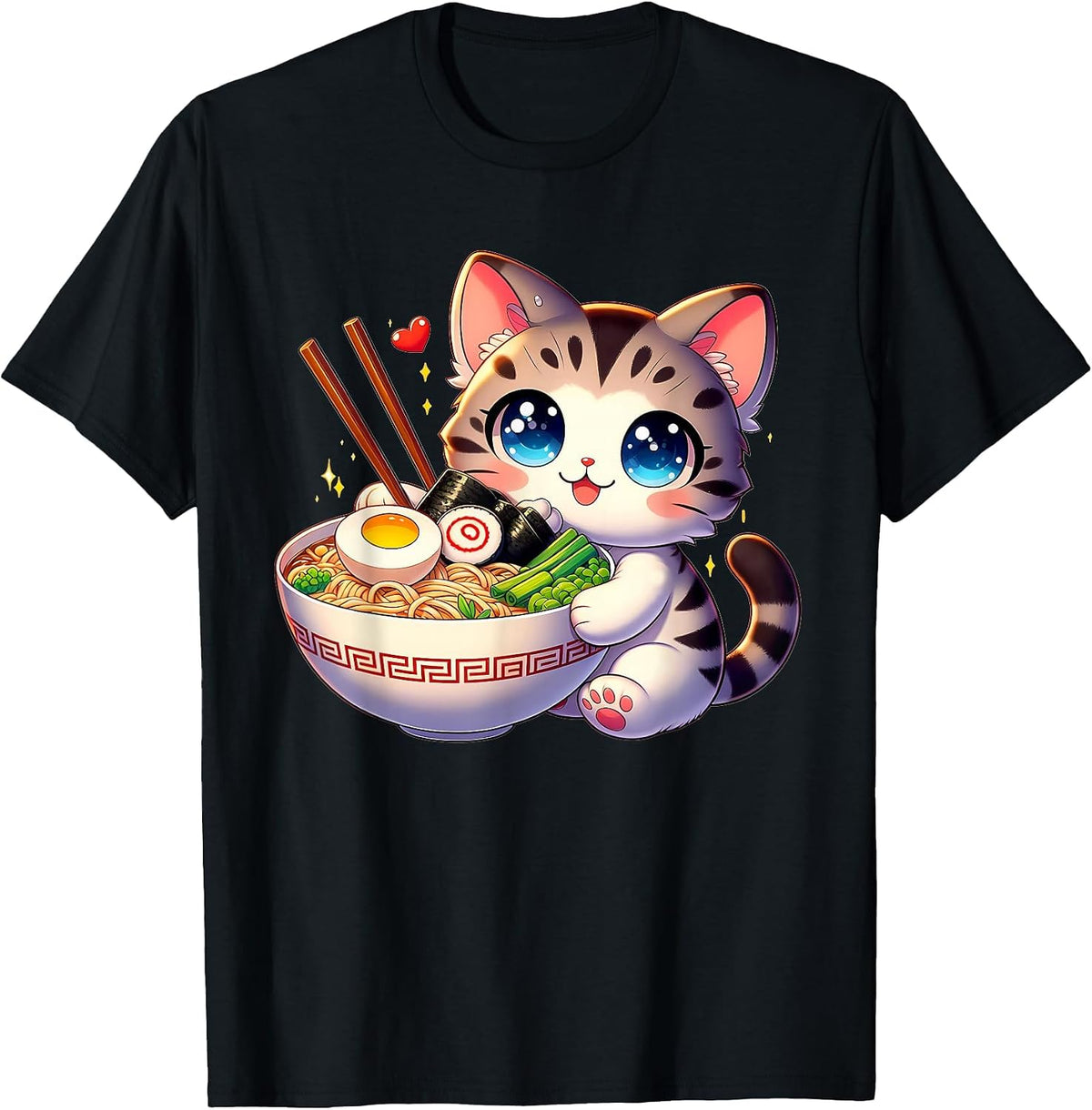 Cat Ramen Noodles Anime Kawaii Japanese Cat T-Shirt - Black