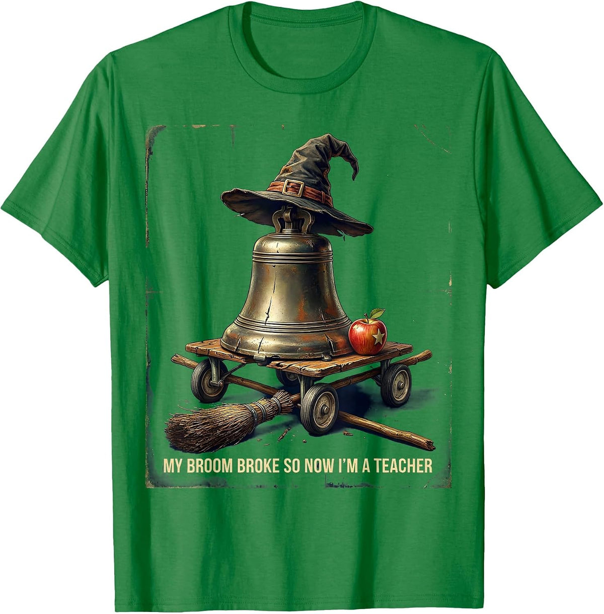 Men's My Broom Broke So Now I'm A Teacher Vintage Halloween T-Shirt - Kelly Green