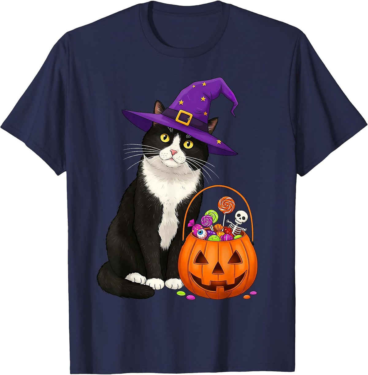 Tuxedo Witch Cat & Halloween Candy Basket for Men Women Kids T-Shirt - Navy Blue
