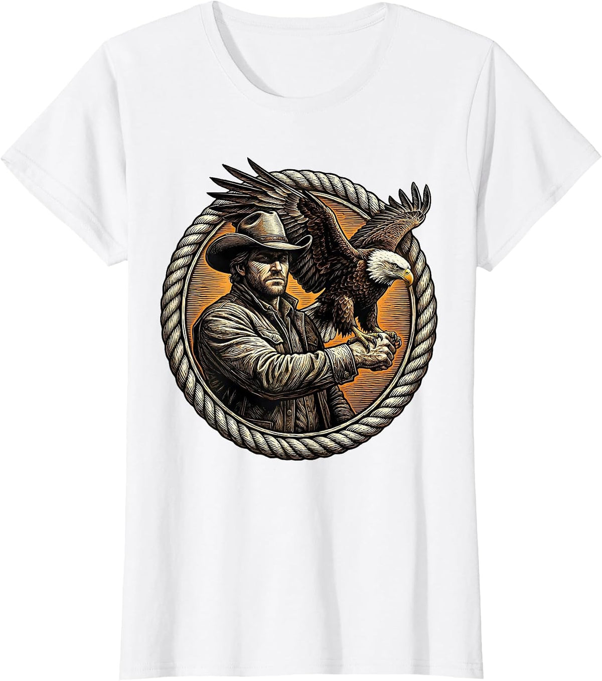 Eagle and Cowboy Outstretched Arm Illustration T-Shirt - White