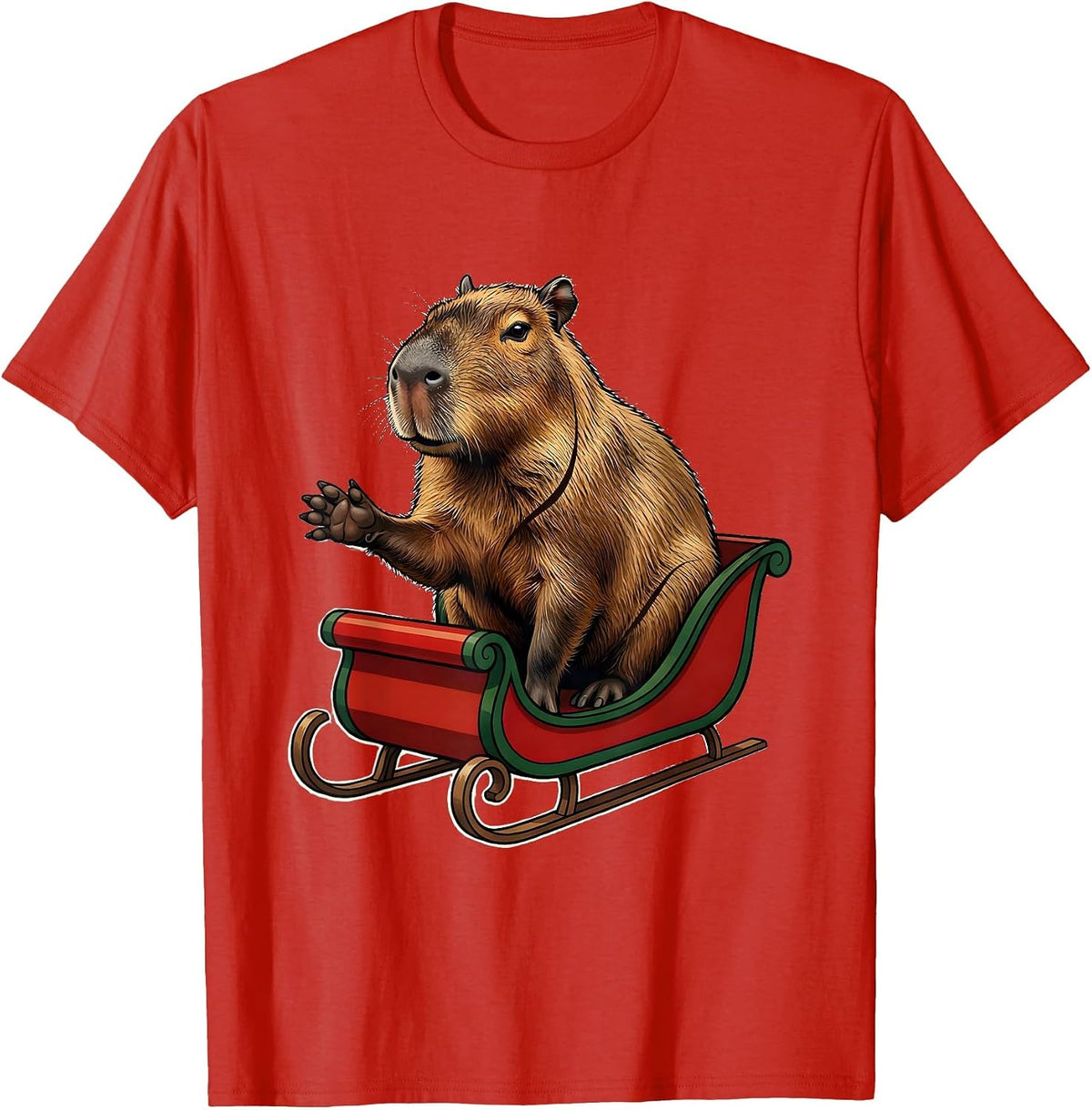 Men's Capybara Christmas Sleigh Whimsical Animal Lover Humor T-Shirt - Red