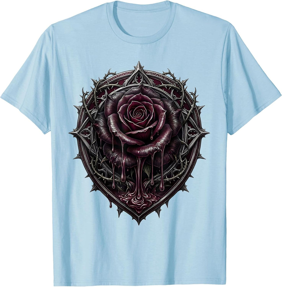 Men's Black Rose Dripping Teardrops Emo Gothic Design T-Shirt - Baby Blue