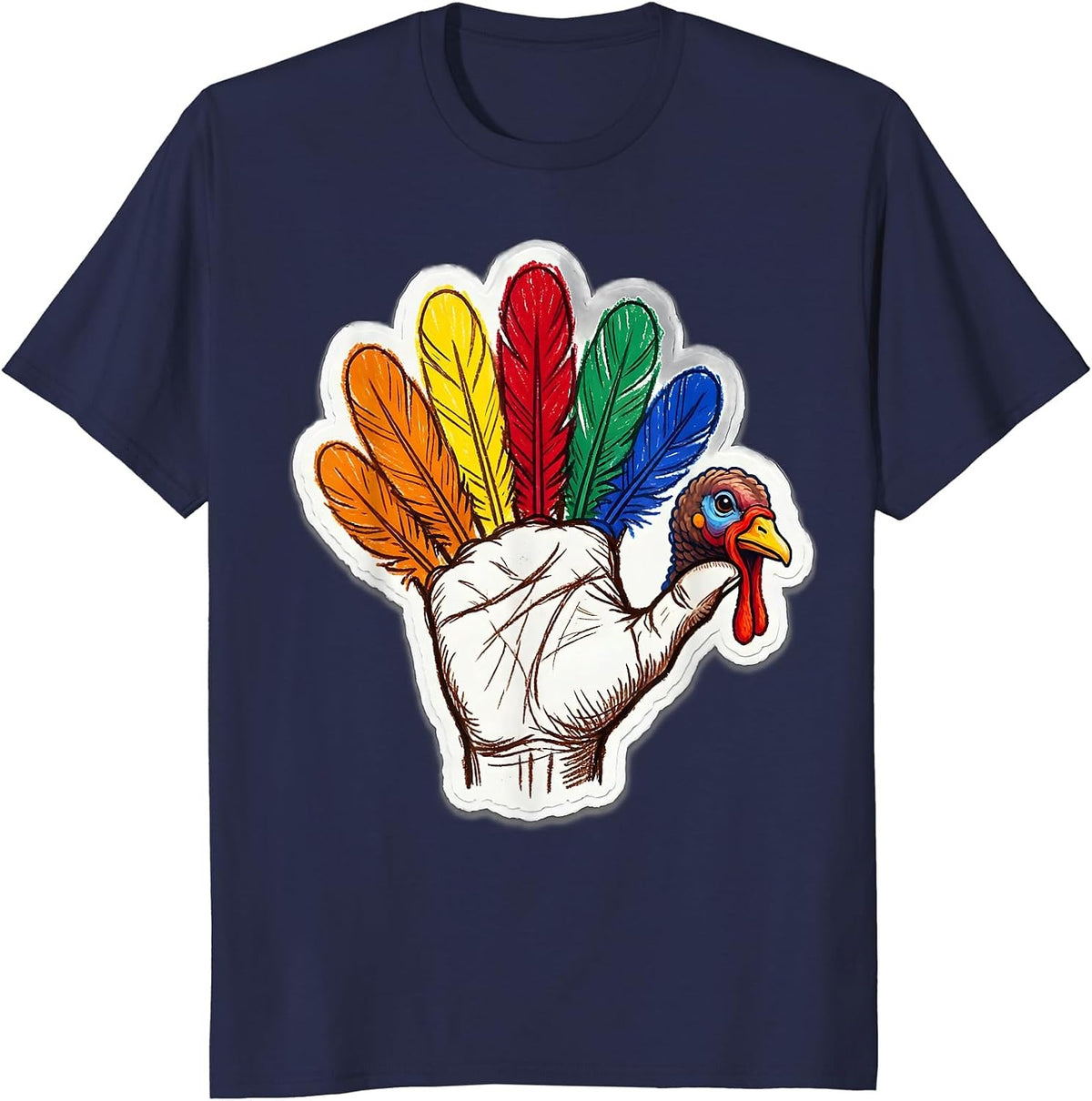 Hand Turkey Drawing Wobbly Fingers Kindergarten Art T-Shirt - Navy Blue