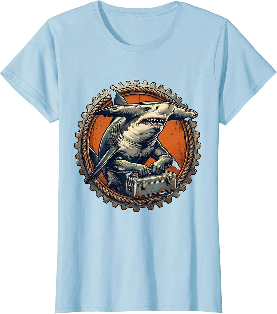 Women's Hammerhead Shark With Toolbox Novelty Graphic T-Shirt - Baby Blue