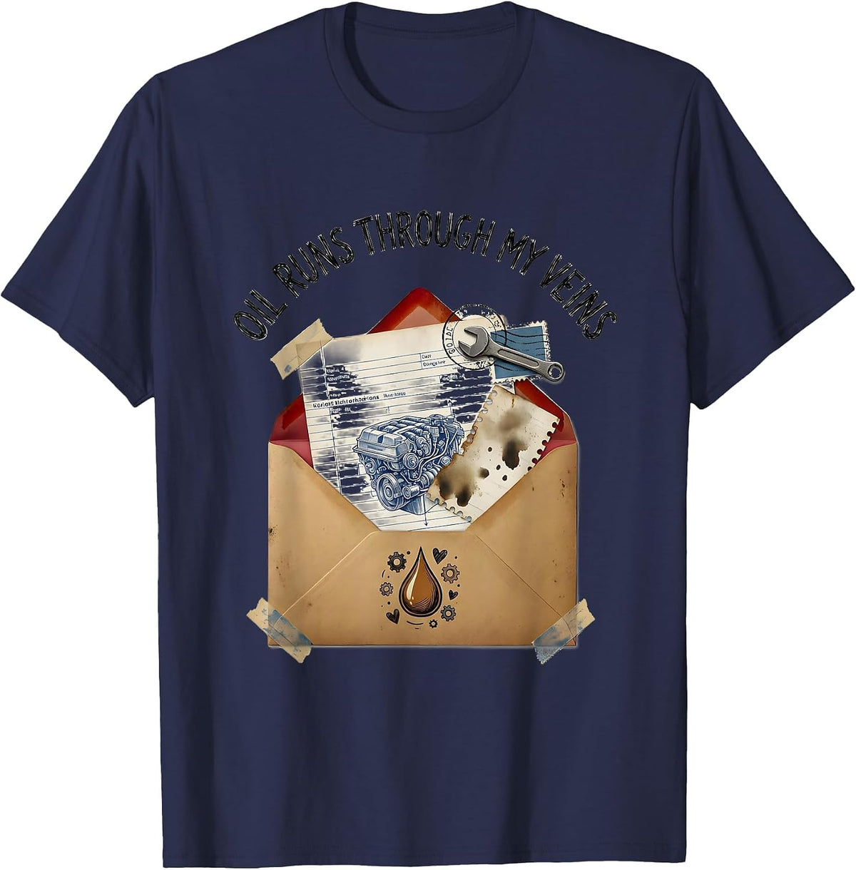 Men's Oil Runs Through My Veins Mechanic Design T-Shirt - Navy Blue