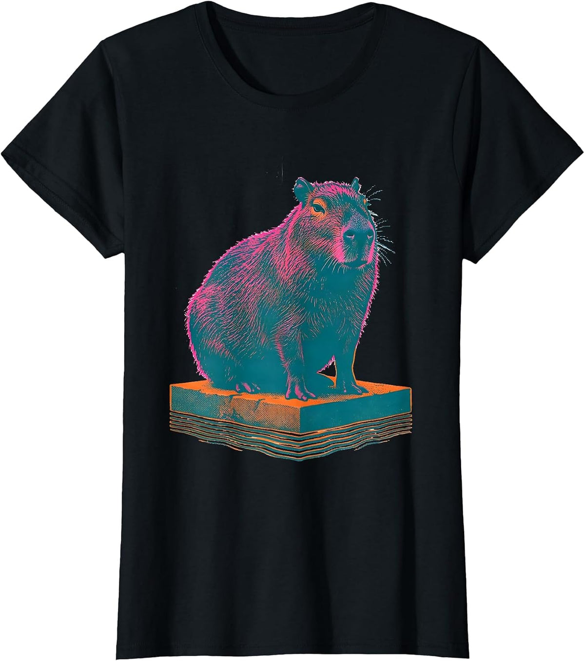 Capybara Silhouette Funny Animal Lover Risograph Art T-Shirt - Black