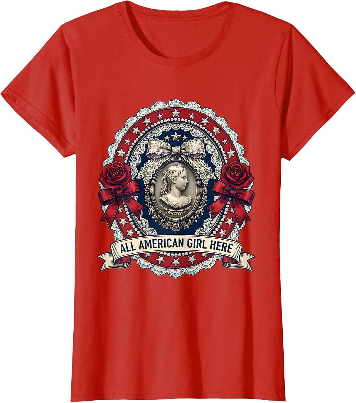 Women's All American Girl Red White and Blue Patriotic Design T-Shirt - Red