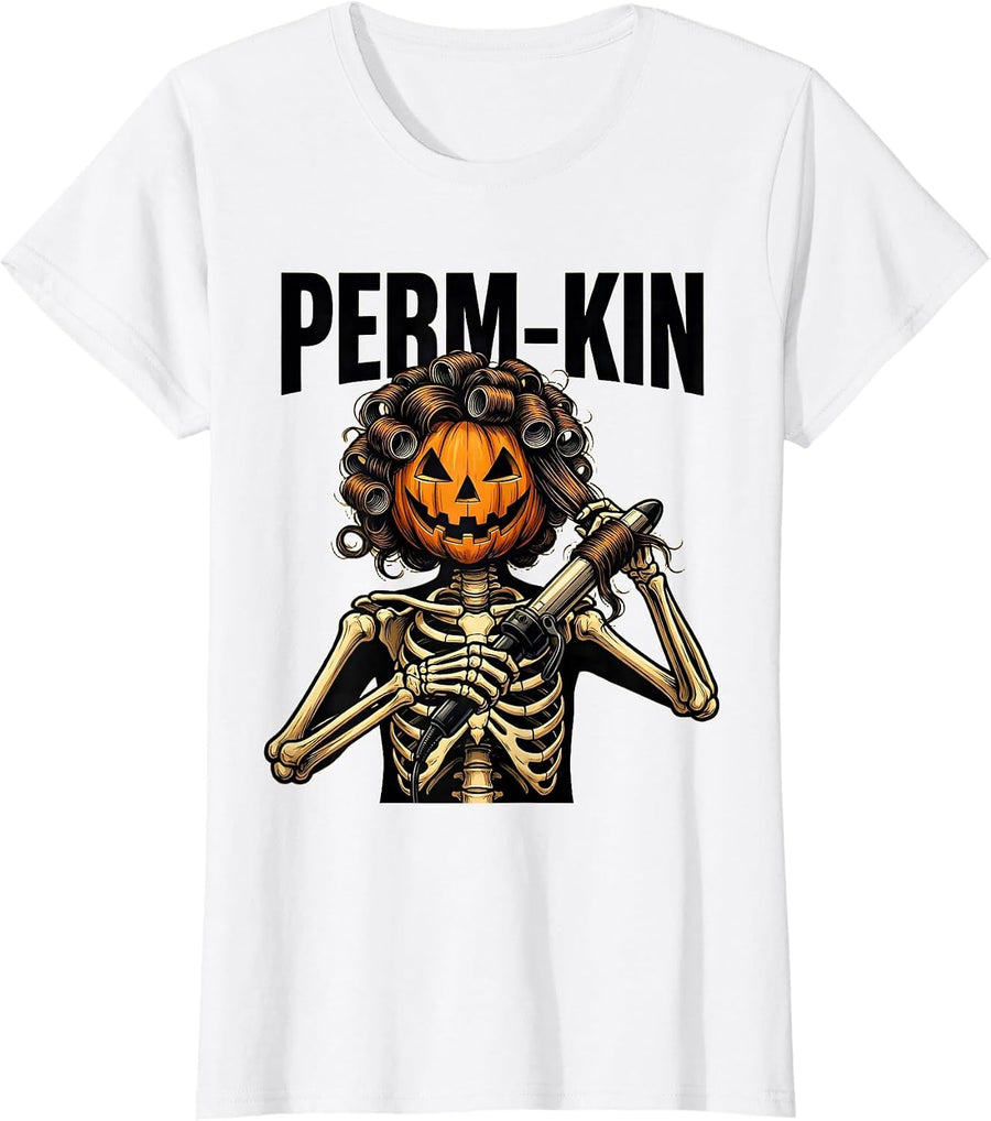 Women's Perm-kin Tattoo Skeleton Hairstylist Halloween Barber Humor T-Shirt - White