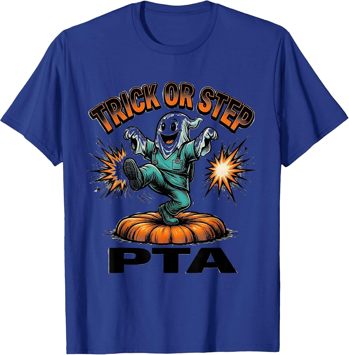 Men's Trick Or Step PTA Comic Ghost Physical Therapy Halloween T-Shirt - Royal Blue