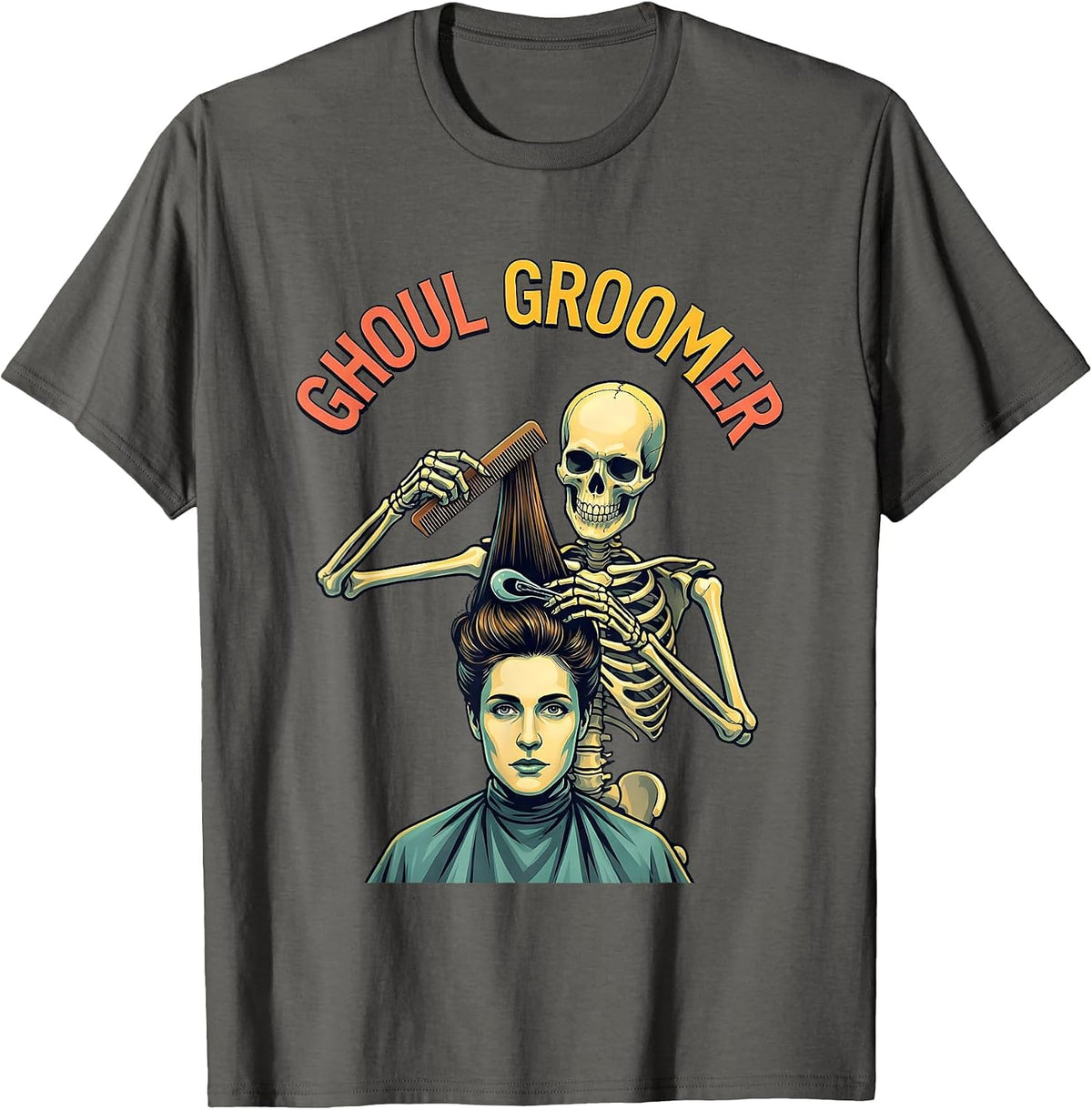 Men's Ghoul Groomer Funny Skeleton Hairstylist Halloween Barber T-Shirt - Asphalt Grey