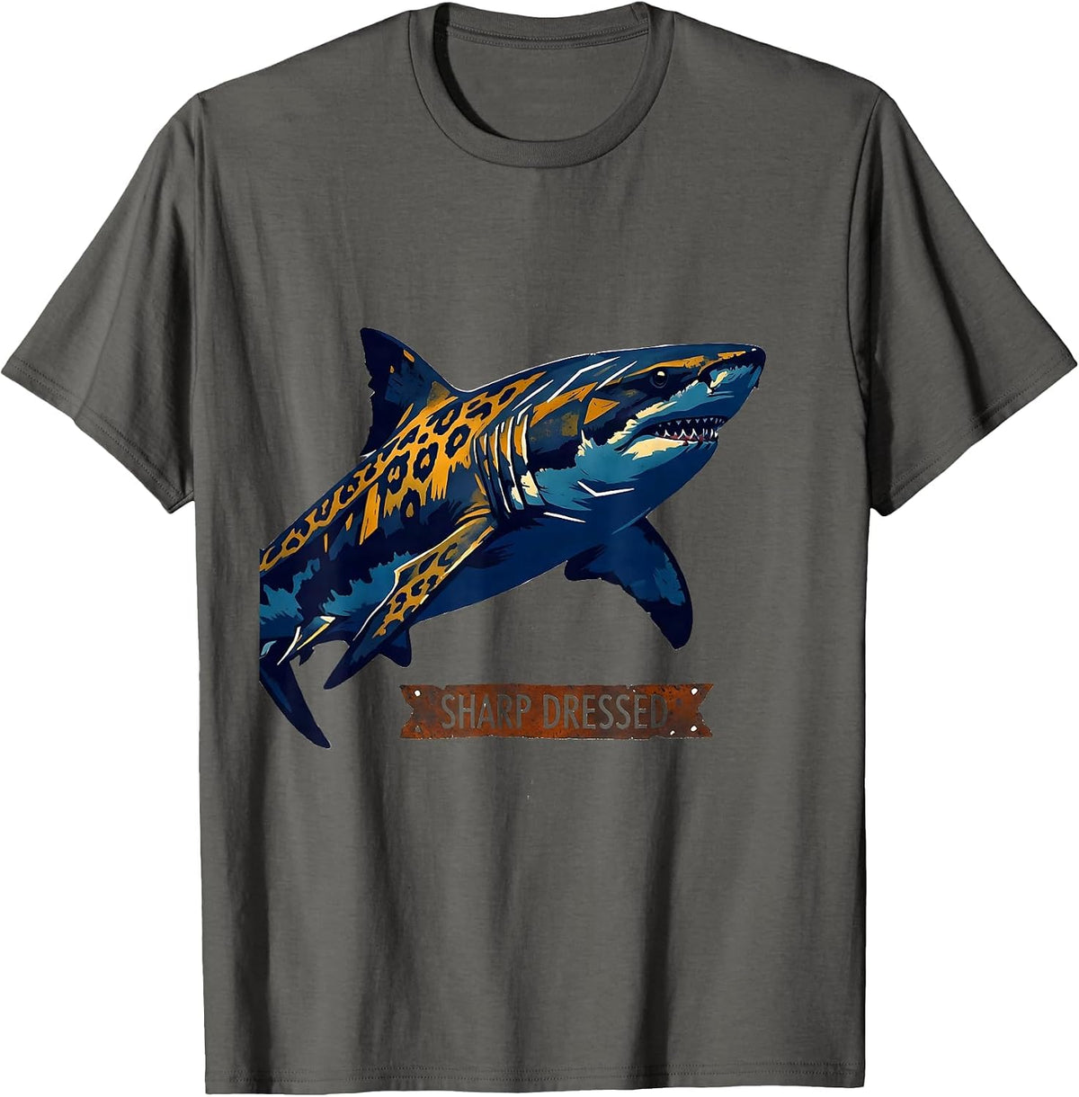 Men's Sharp Dressed Linocut Leopard Shark Humor Marine Biology T-Shirt - Asphalt Grey