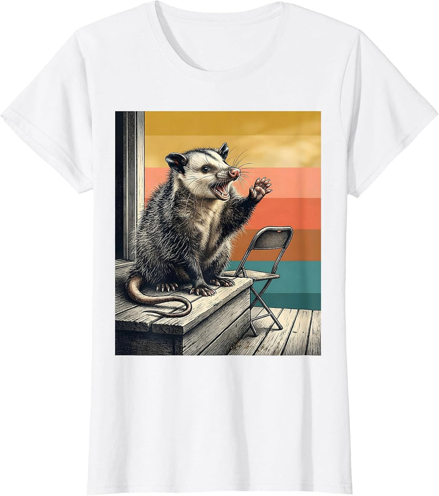 Women's Primly Seated Opossum Deadpan Humor Possum Lover T-Shirt - White