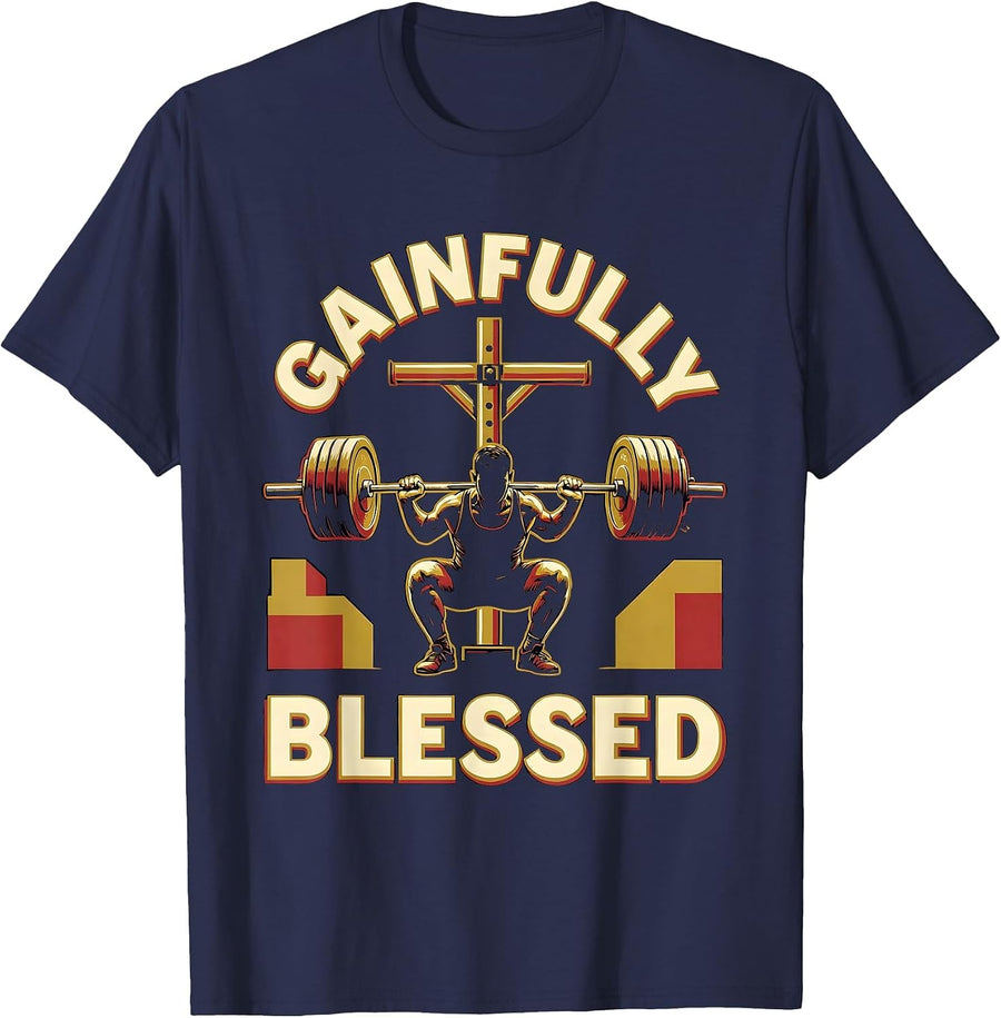 Gainfully Blessed Funny Christian Weightlifter Scripture T-Shirt - Navy Blue