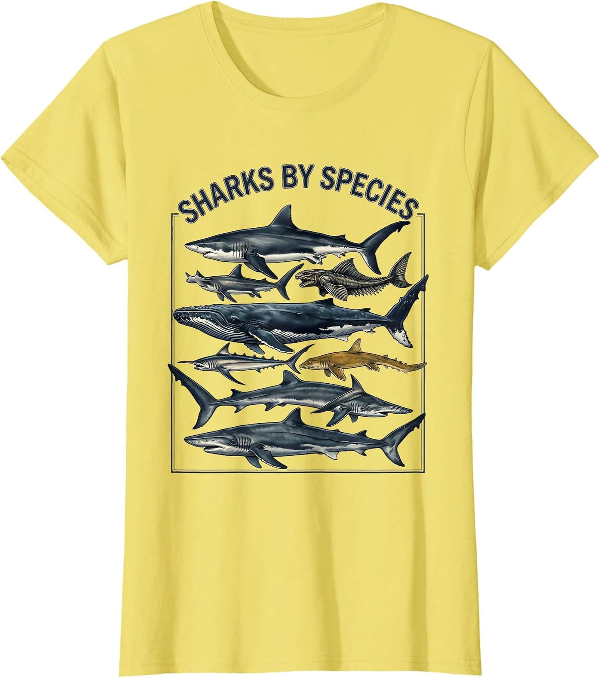 Sharks By Species Marine Biology Ocean Animal Art T-Shirt - Lemon Yellow