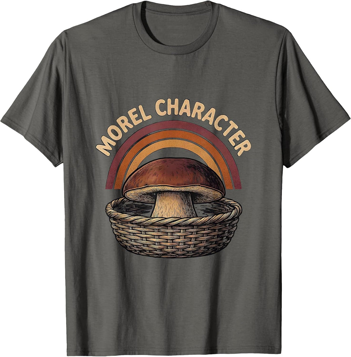 Morel Character Flat Silhouette Retro Mushroom Forager Gift T-Shirt - Asphalt Grey