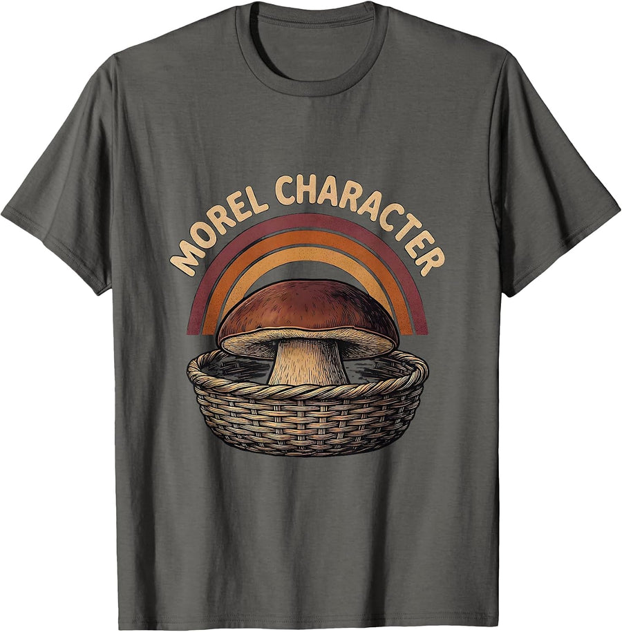 Morel Character Flat Silhouette Retro Mushroom Forager Gift T-Shirt - Asphalt Grey