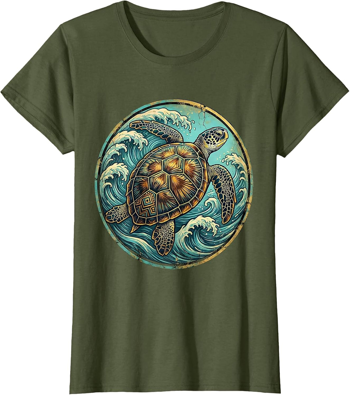 Women's Mexico Sea Turtle Ocean Waves Illustration T-Shirt - Olive Green