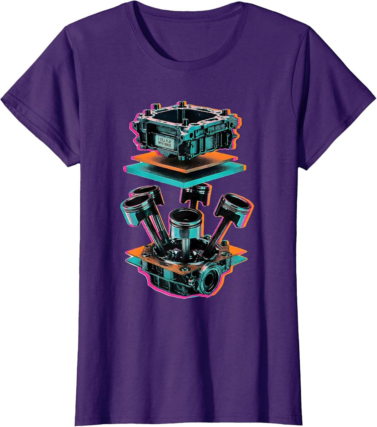 Women's I Still Play With Rings Risograph Mechanic Engine Block T-Shirt - Purple