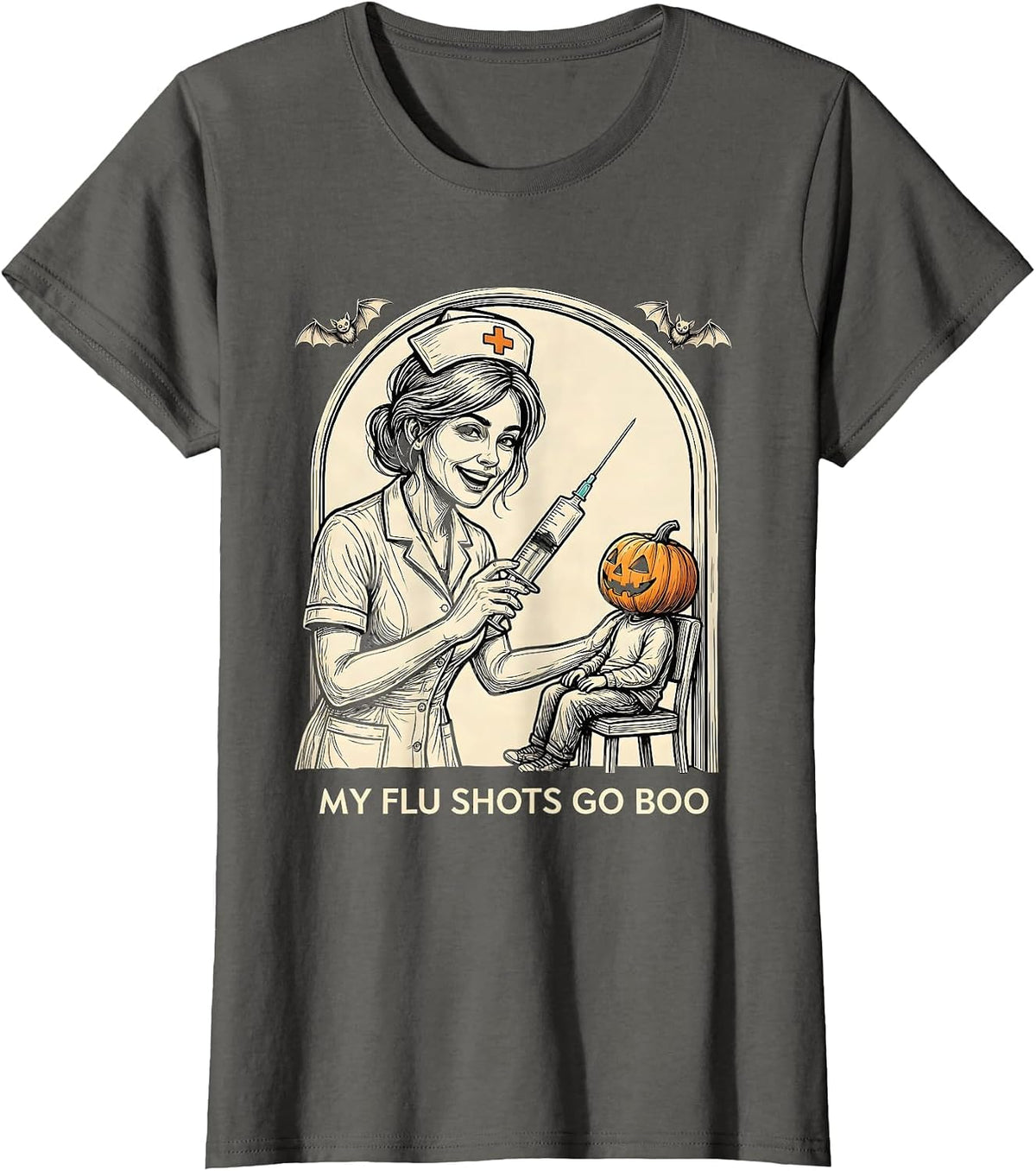 Women's My Flu Shots Go Boo Funny Nurse Ghost Halloween Vaccine T-Shirt - Asphalt Grey