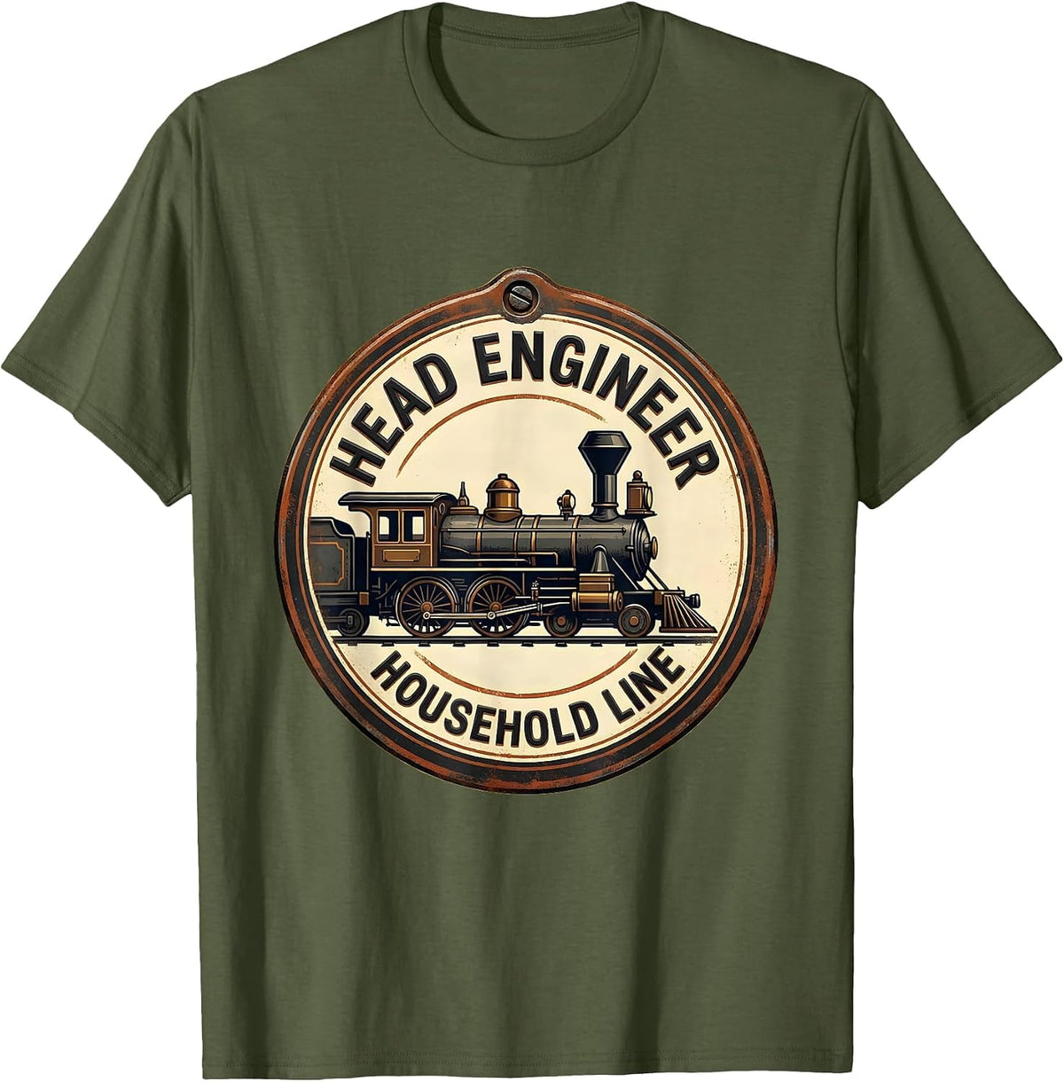 Men's Head Engineer Household Line Vintage Steam Locomotive Train T-Shirt - Olive Green