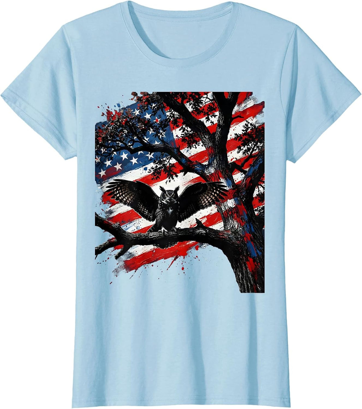 Camo Owl Perched in Oak Tree Illustration T-Shirt - Baby Blue