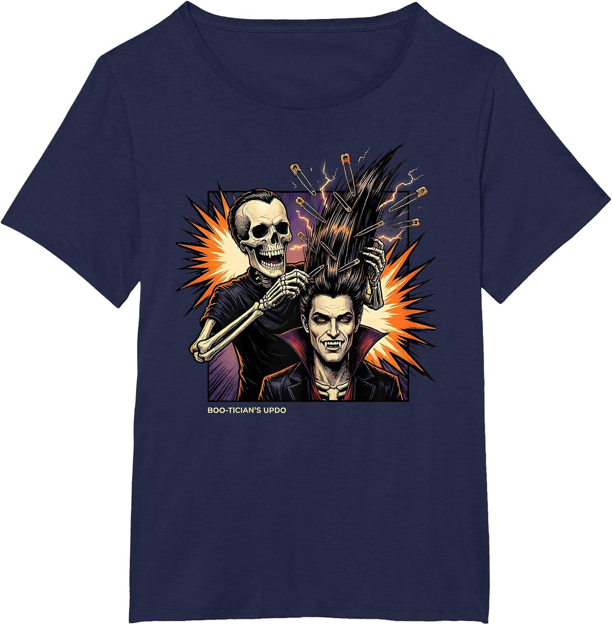 Women's Boo-Tician's Updo Comic Book Skeleton Hairstylist Halloween T-Shirt - Navy Blue