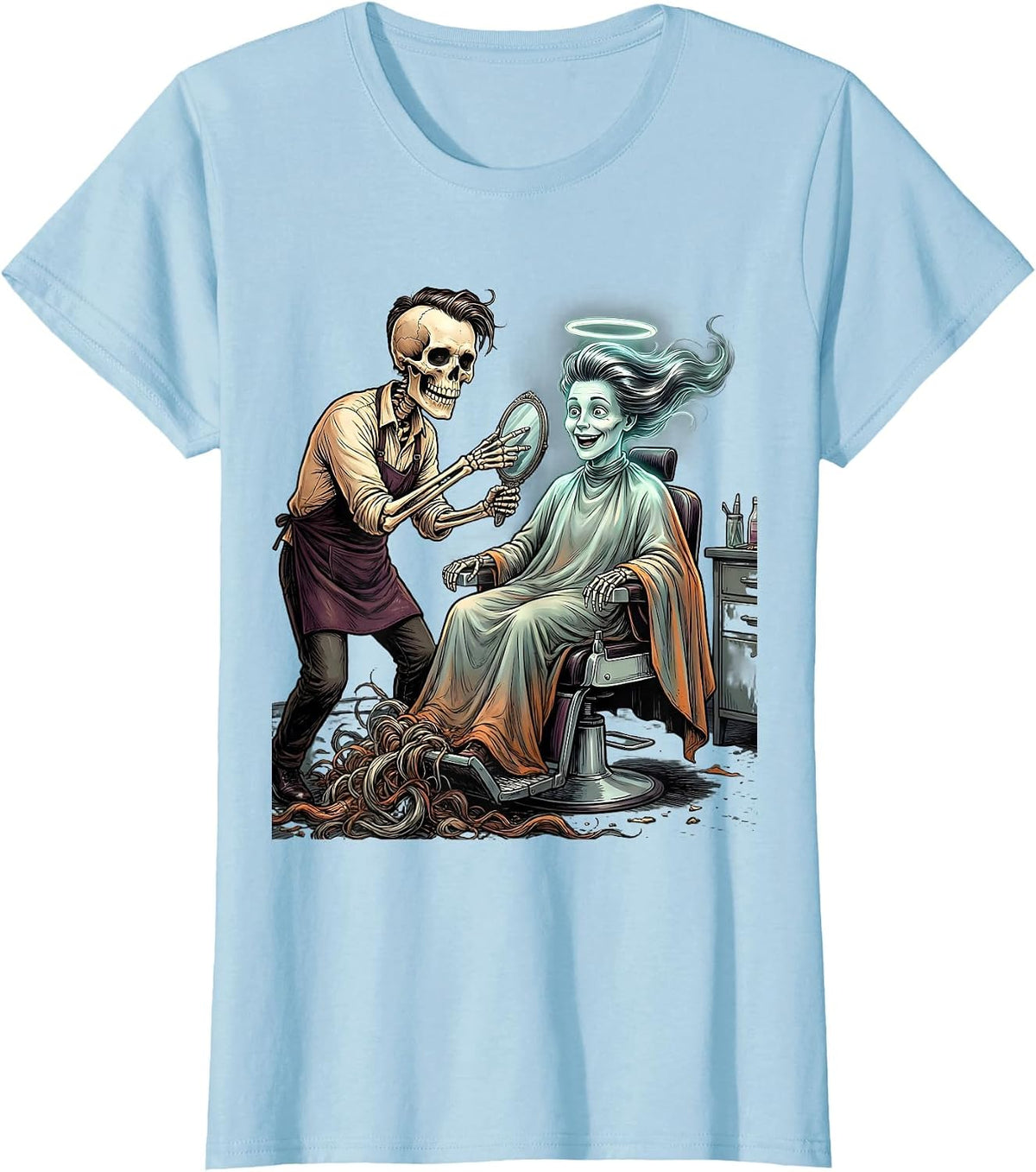 Skeleton Hairstylist Ghost Client Halloween Hairdresser T-Shirt - Baby Blue