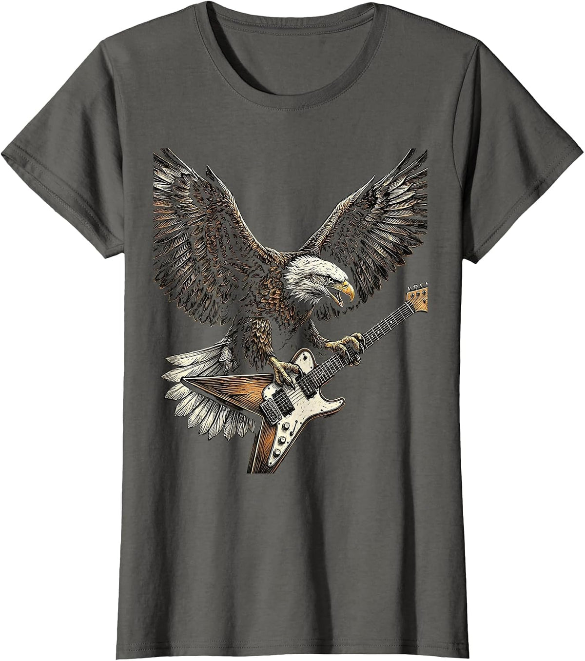 Women's Bald Eagle Flying-V Guitar Rock and Roll Graphic T-Shirt - Asphalt Grey