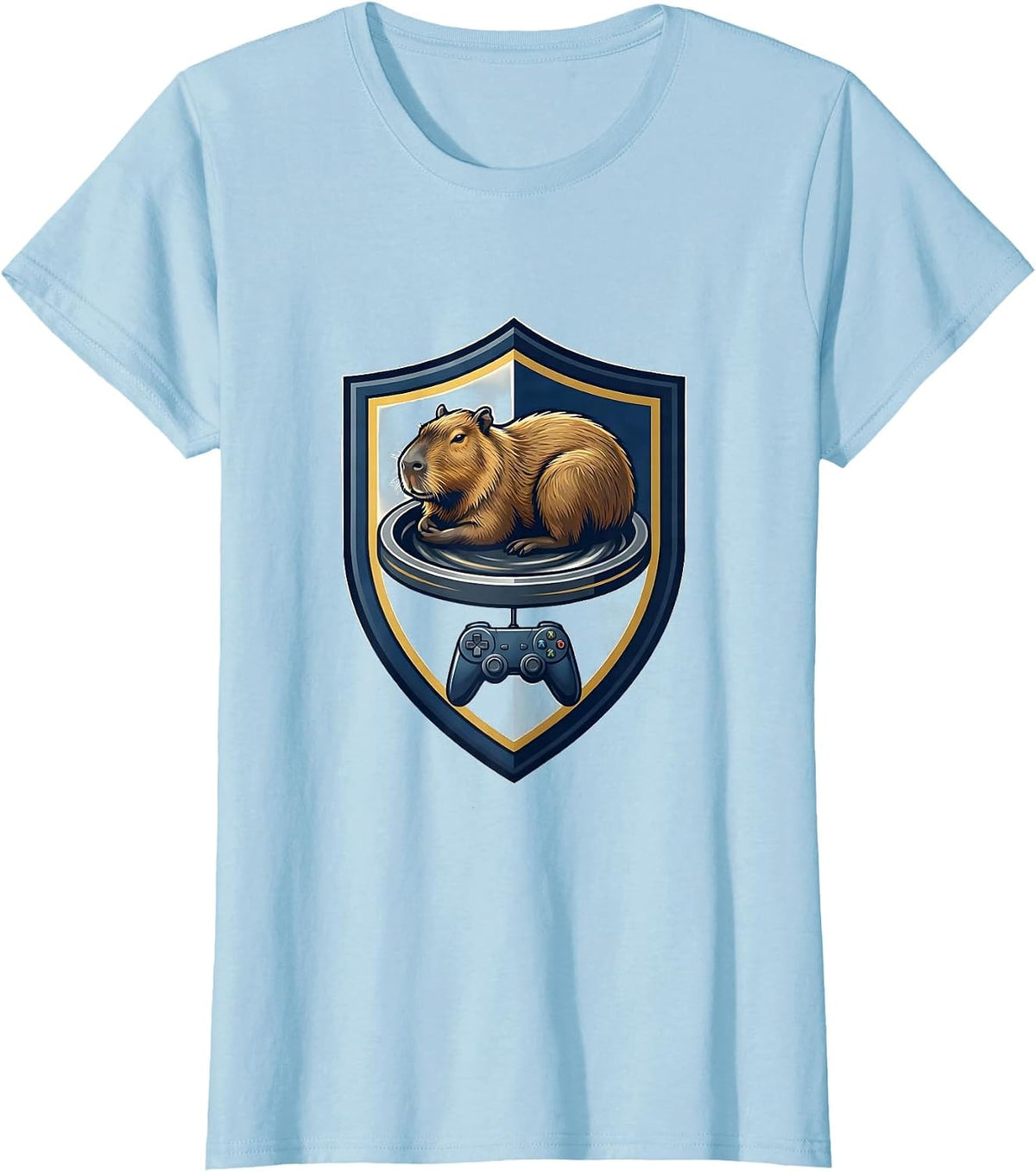 Capybara Gamer Emblem Funny Video Games T-Shirt - Baby Blue