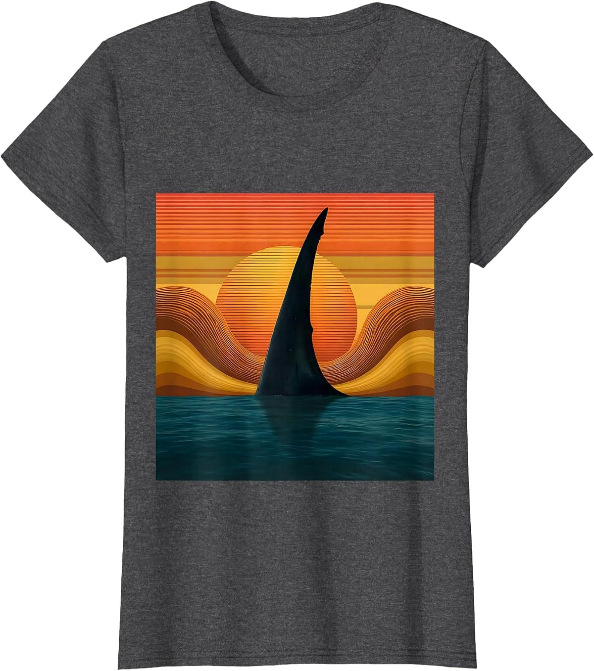 Women's Shark Fin Sunset Ocean Hawaiian Graphic T-Shirt - Dark Heather Grey